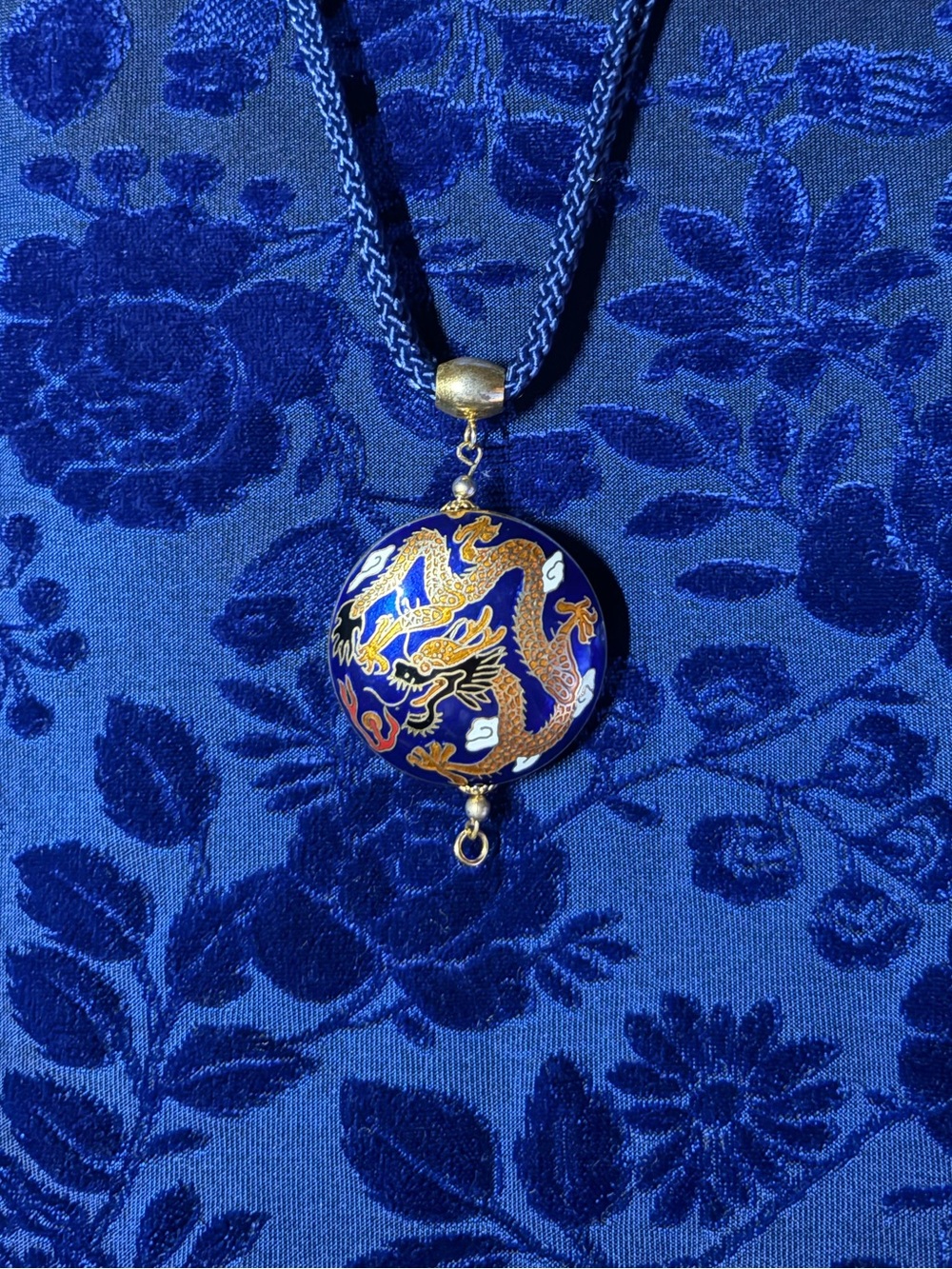 Vintage Asian Cloisonné Necklace- Dragon Pendant- Blue- Gold Enamel